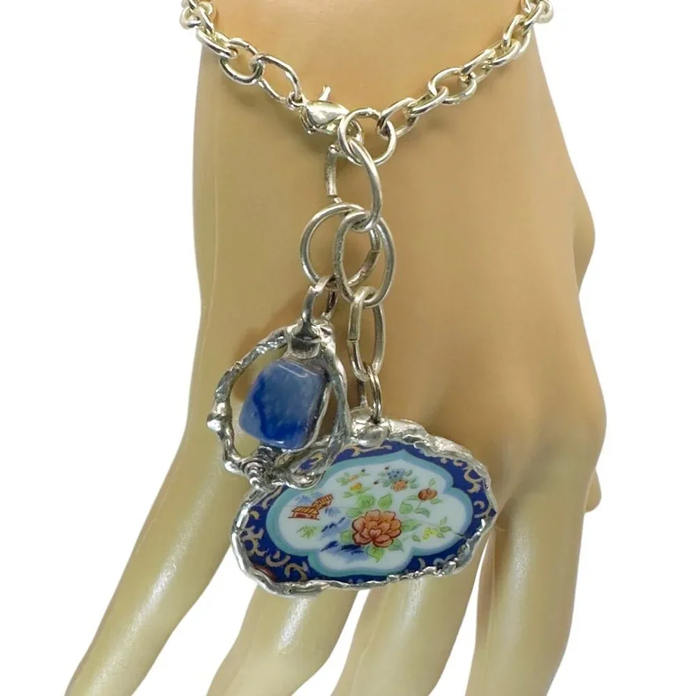 Broken China & Sodalite Charm Bracelet with Artisan Silver-Blend Boho Metalwork